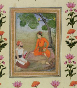 Un prince en discussion avec un religieux tenant un livre, de l